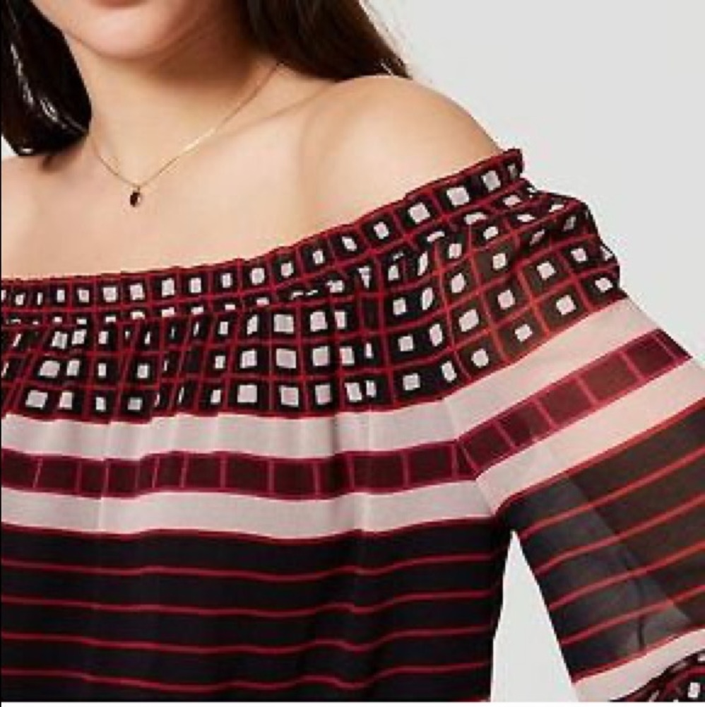 Loft Petite Black/Red Geometric Patterned Blouse - image 2